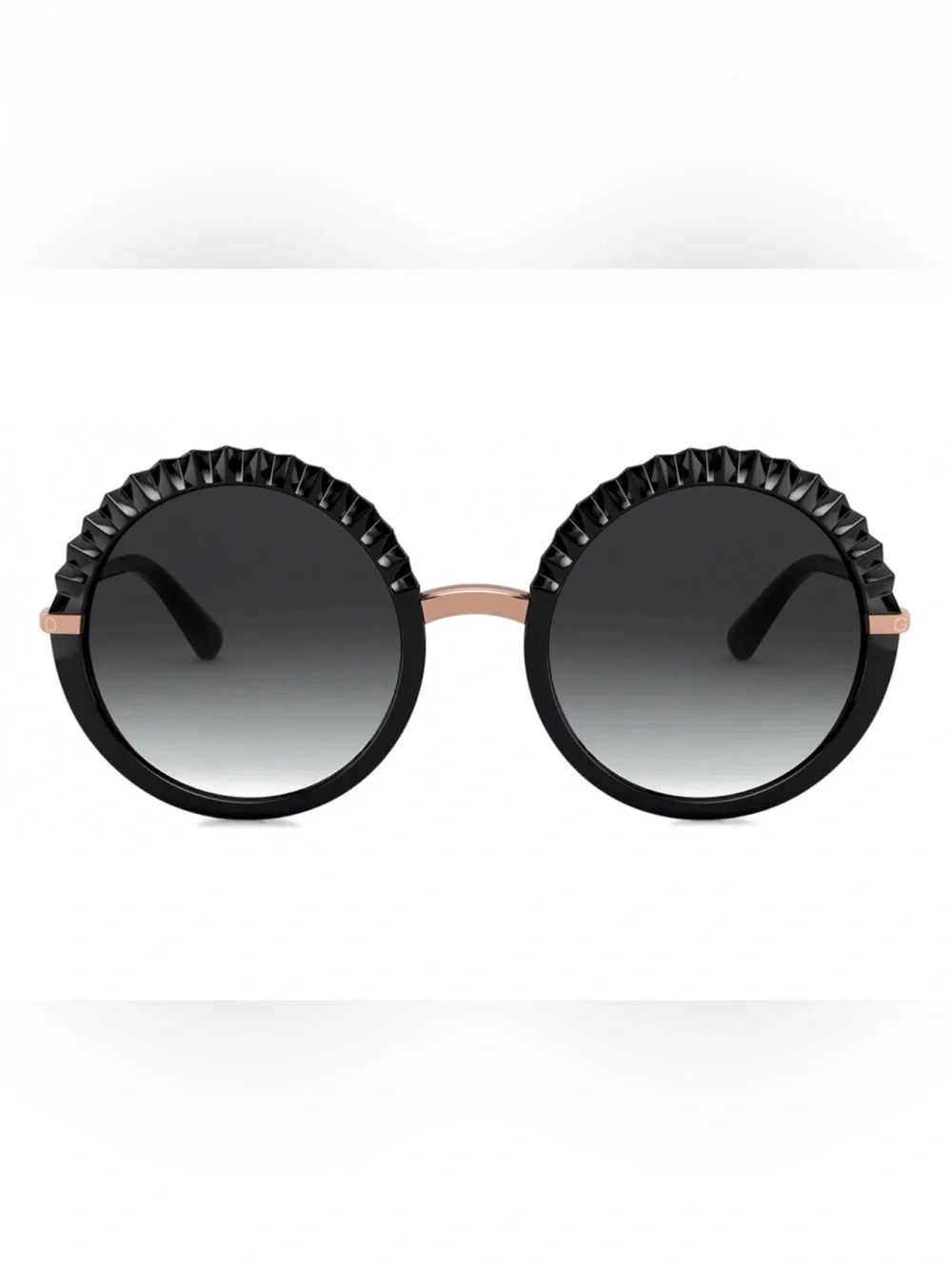 Dolce and Gabanna Round Black Sunglasses with Textured Rim and Rose Gold Bridge